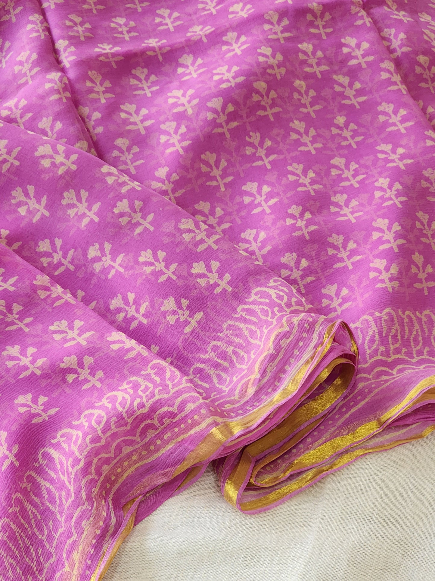 Purple Pink Chiffon Handblock Saree