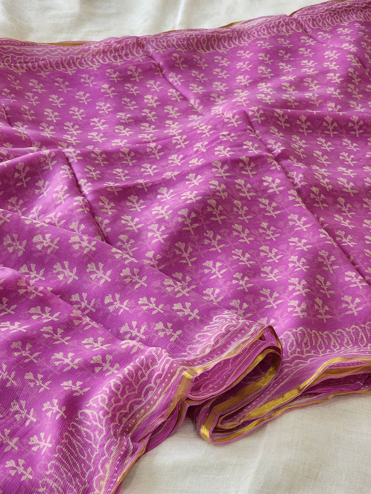 Purple Pink Chiffon Handblock Saree
