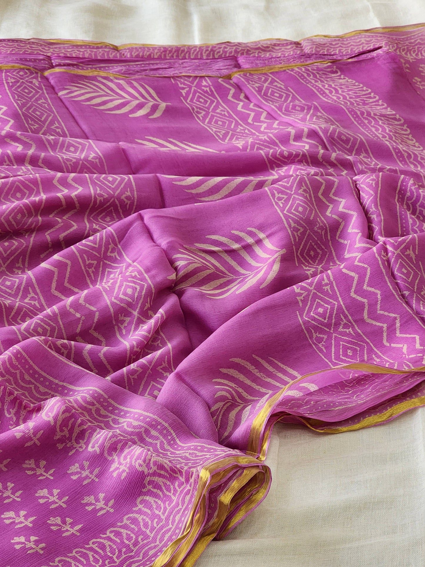 Purple Pink Chiffon Handblock Saree