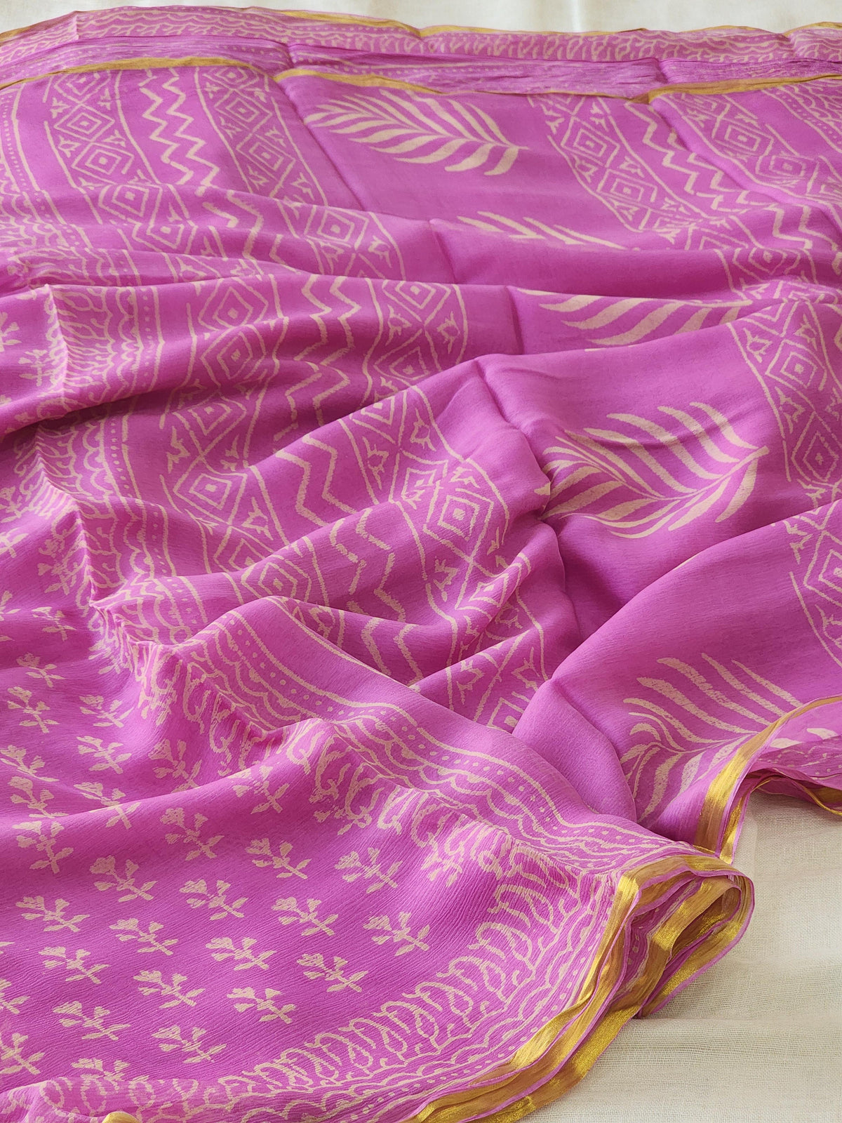 Purple Pink Chiffon Handblock Saree