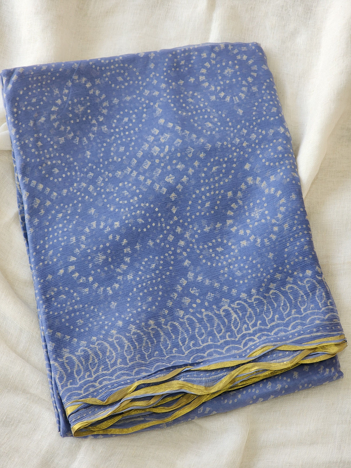 Blue Chiffon Handblock Saree