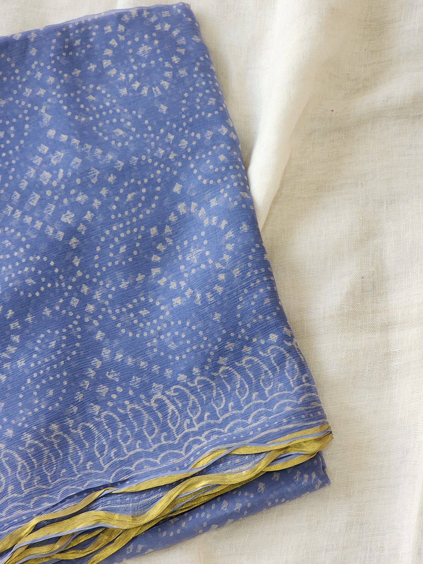 Blue Chiffon Handblock Saree