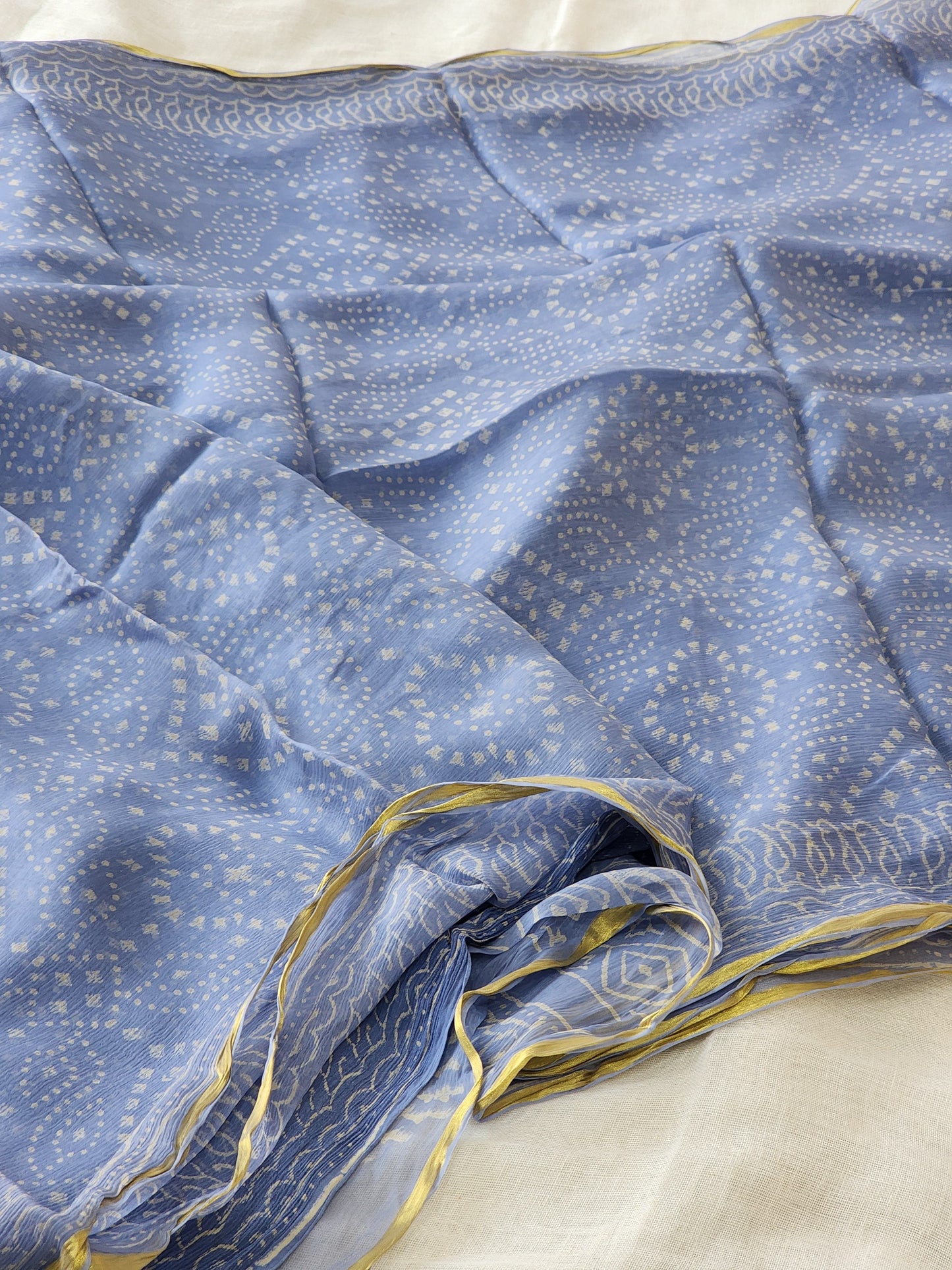 Blue Chiffon Handblock Saree