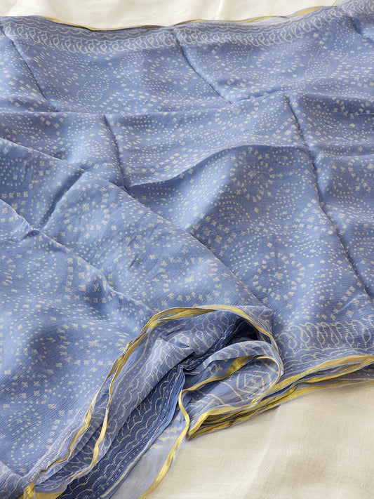Blue Chiffon Handblock Saree