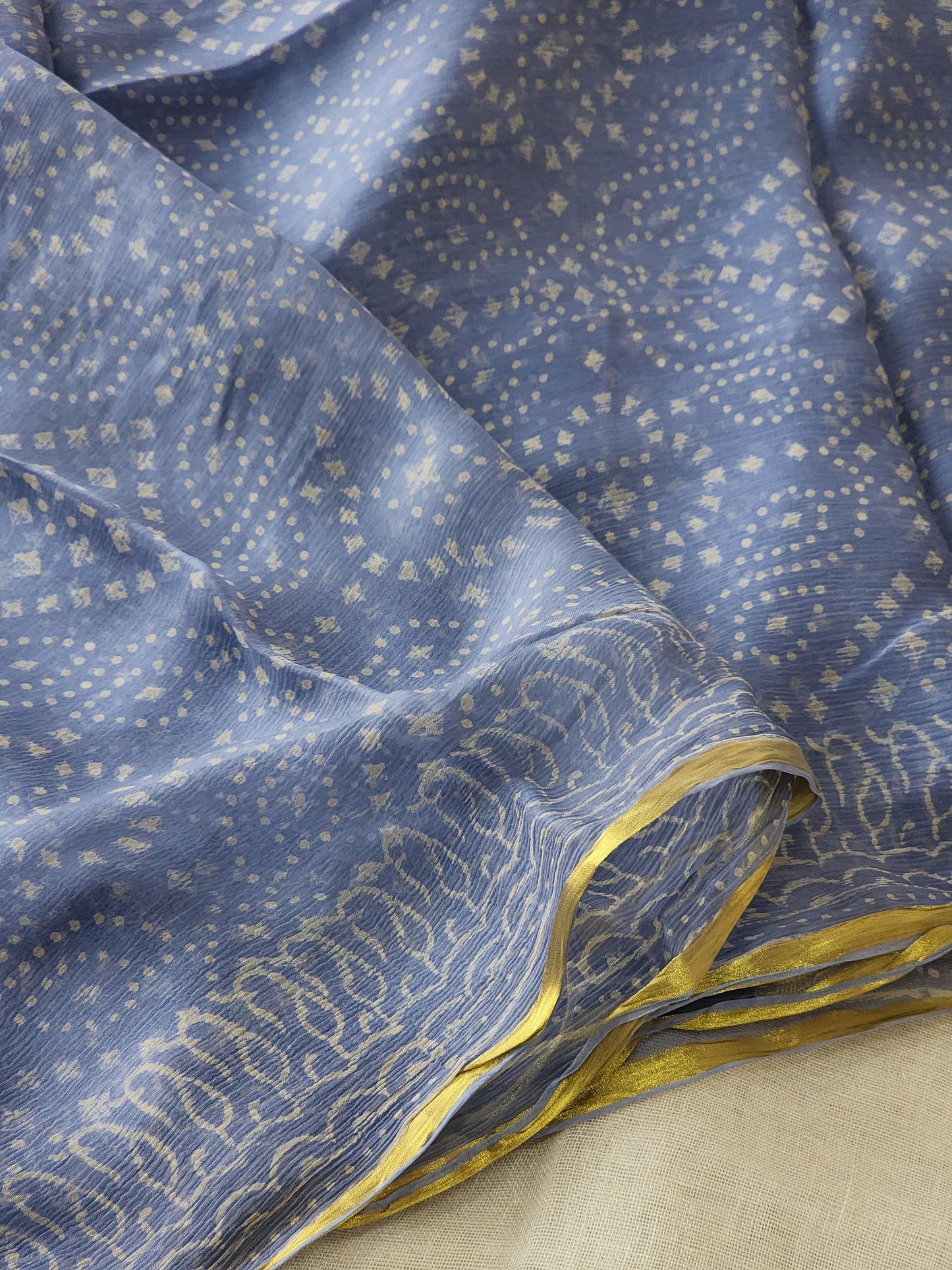 Blue Chiffon Handblock Saree