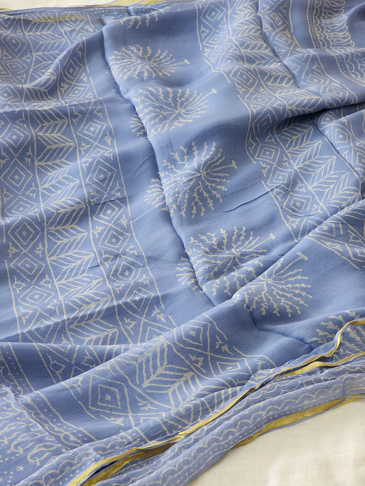 Blue Chiffon Handblock Saree