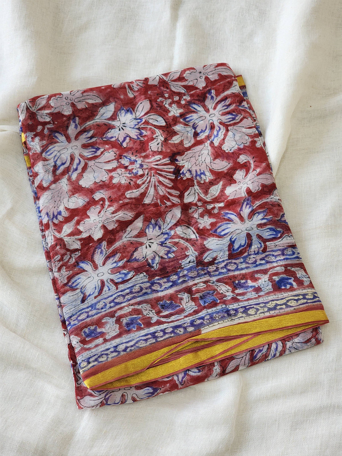 Red Chiffon Handblock Saree