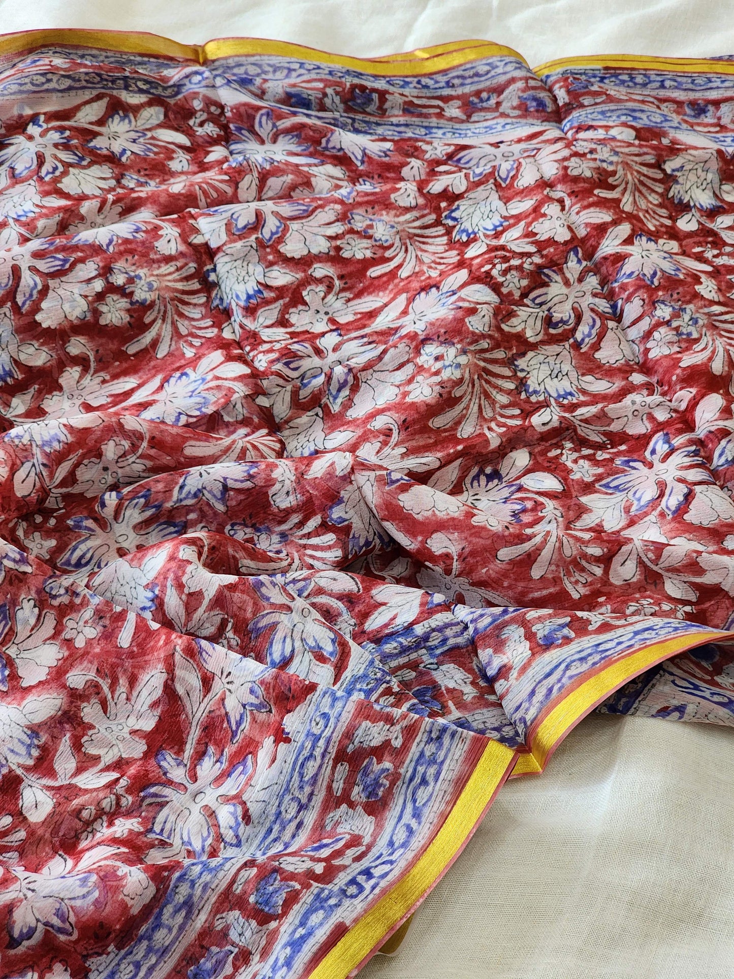 Red Chiffon Handblock Saree