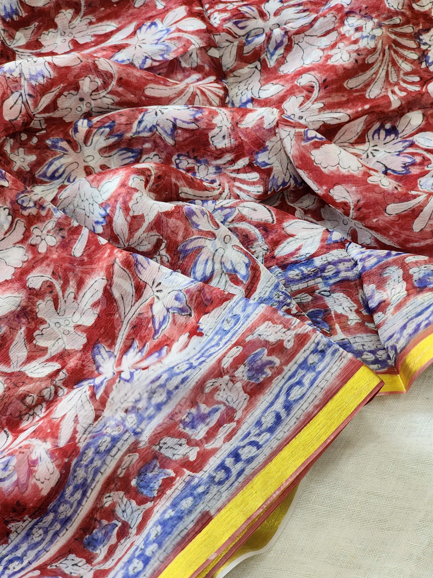 Red Chiffon Handblock Saree