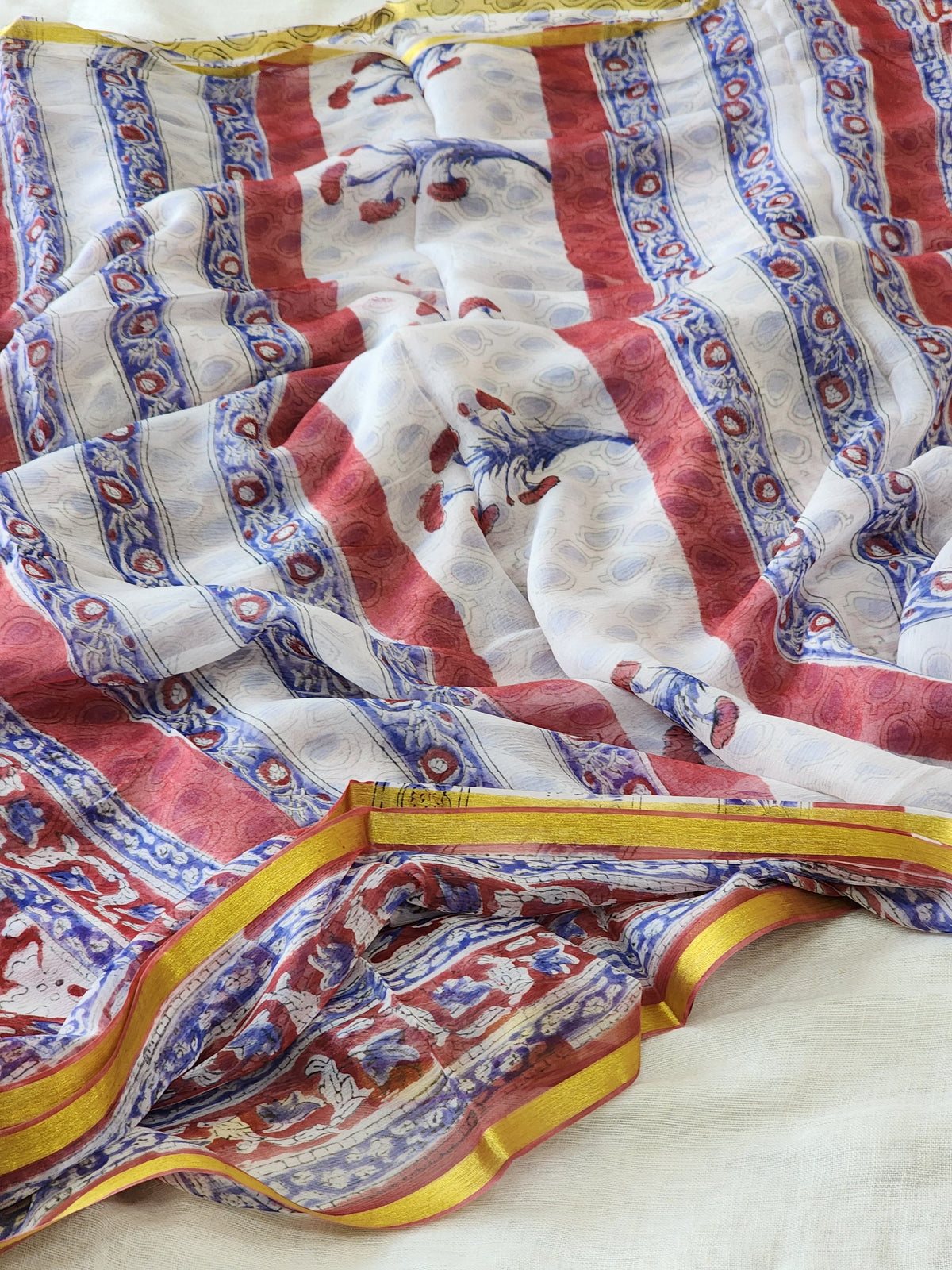 Red Chiffon Handblock Saree