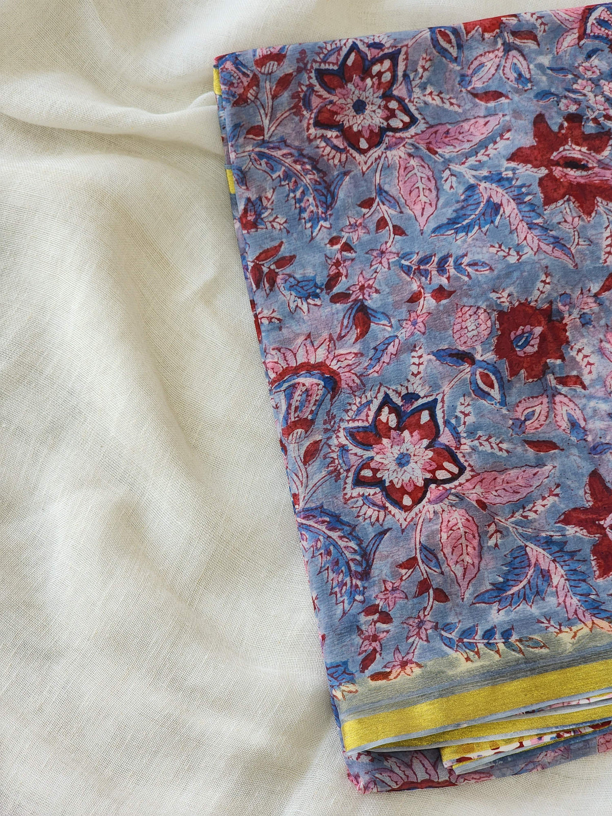 Blue Chiffon Handblock Saree