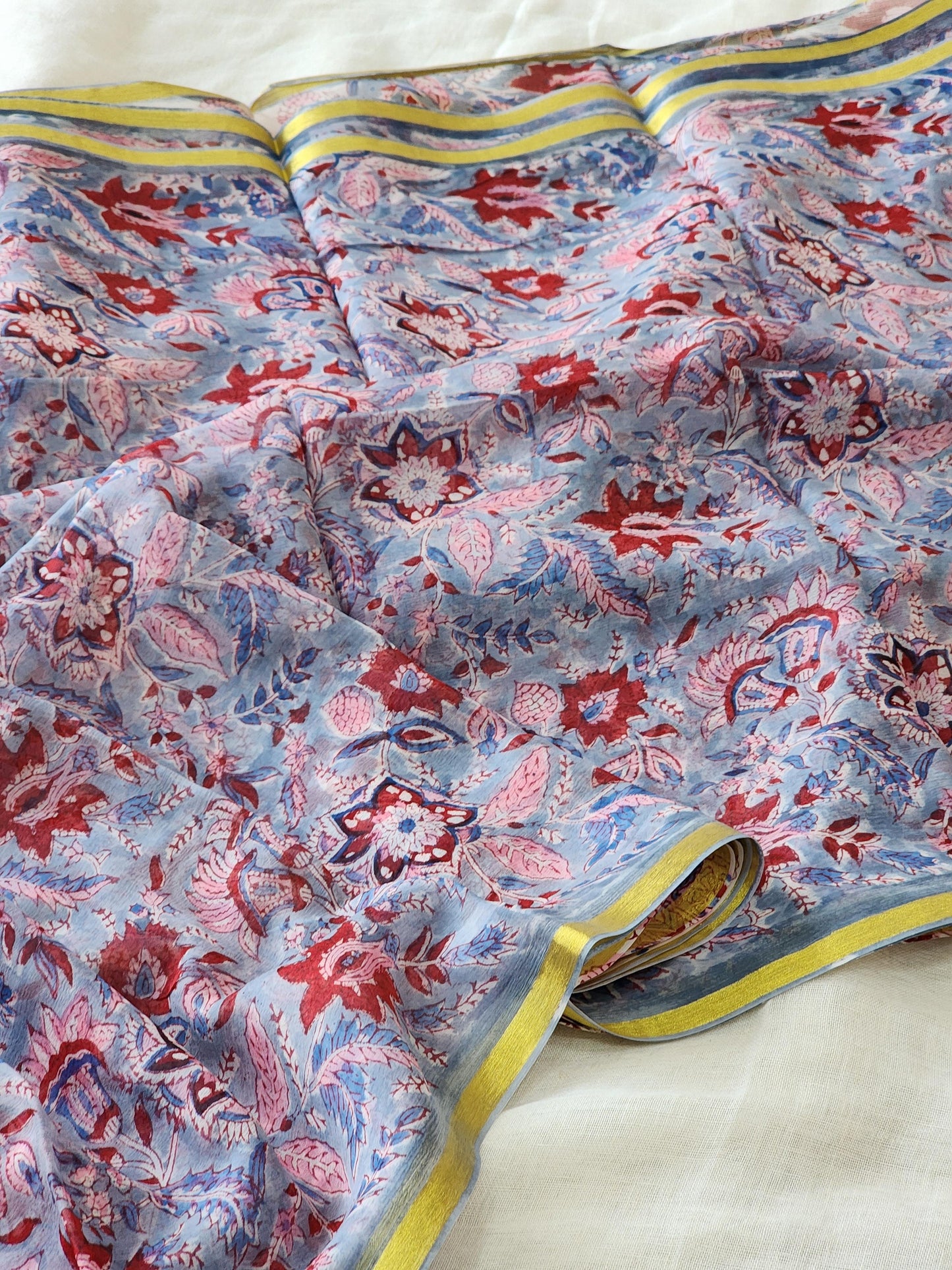 Blue Chiffon Handblock Saree