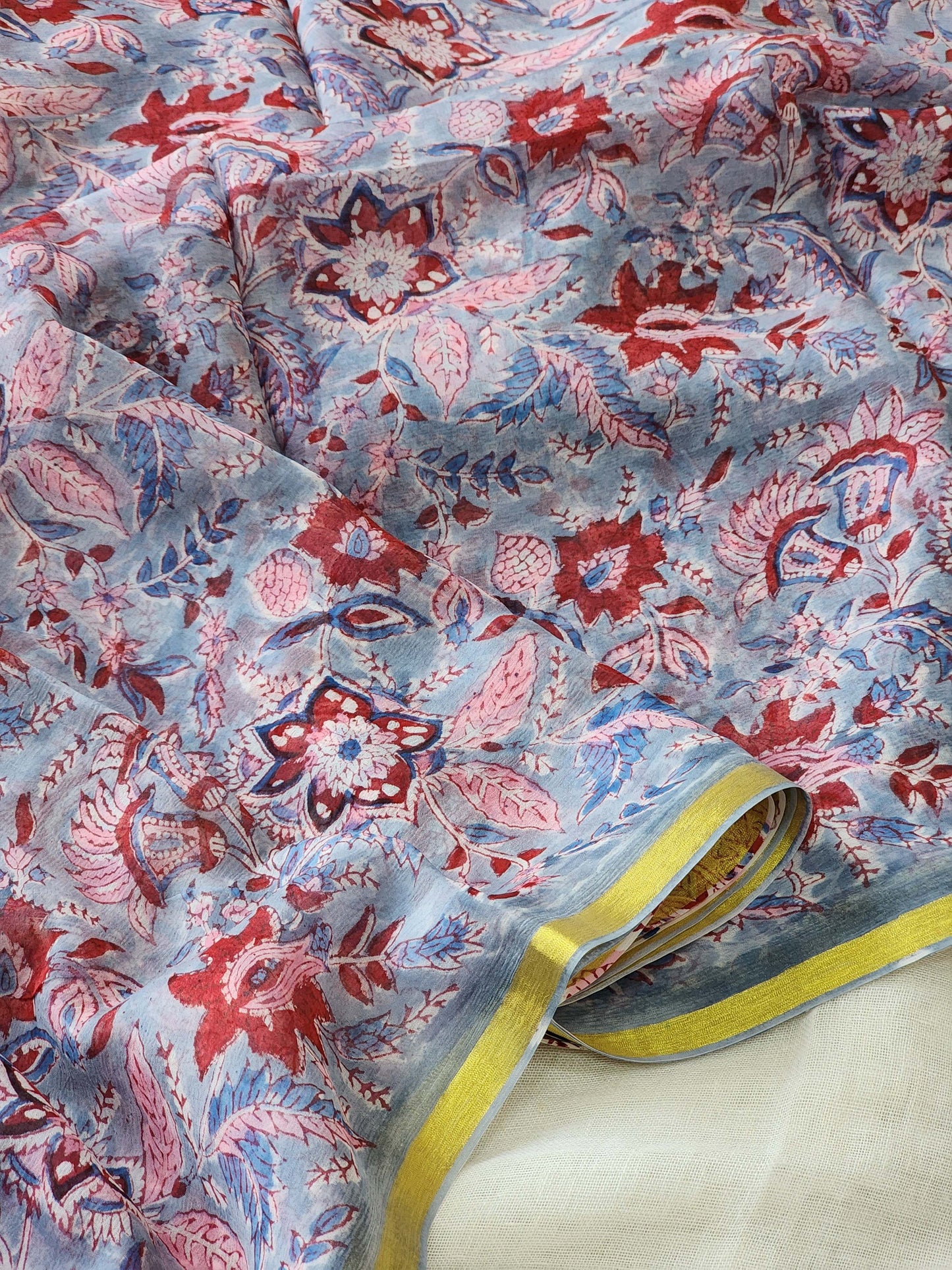 Blue Chiffon Handblock Saree