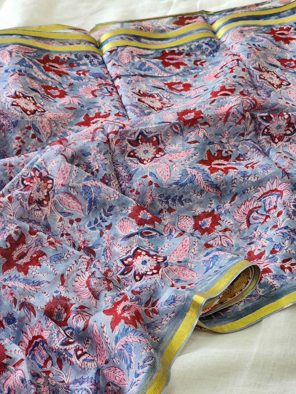 Blue Chiffon Handblock Saree