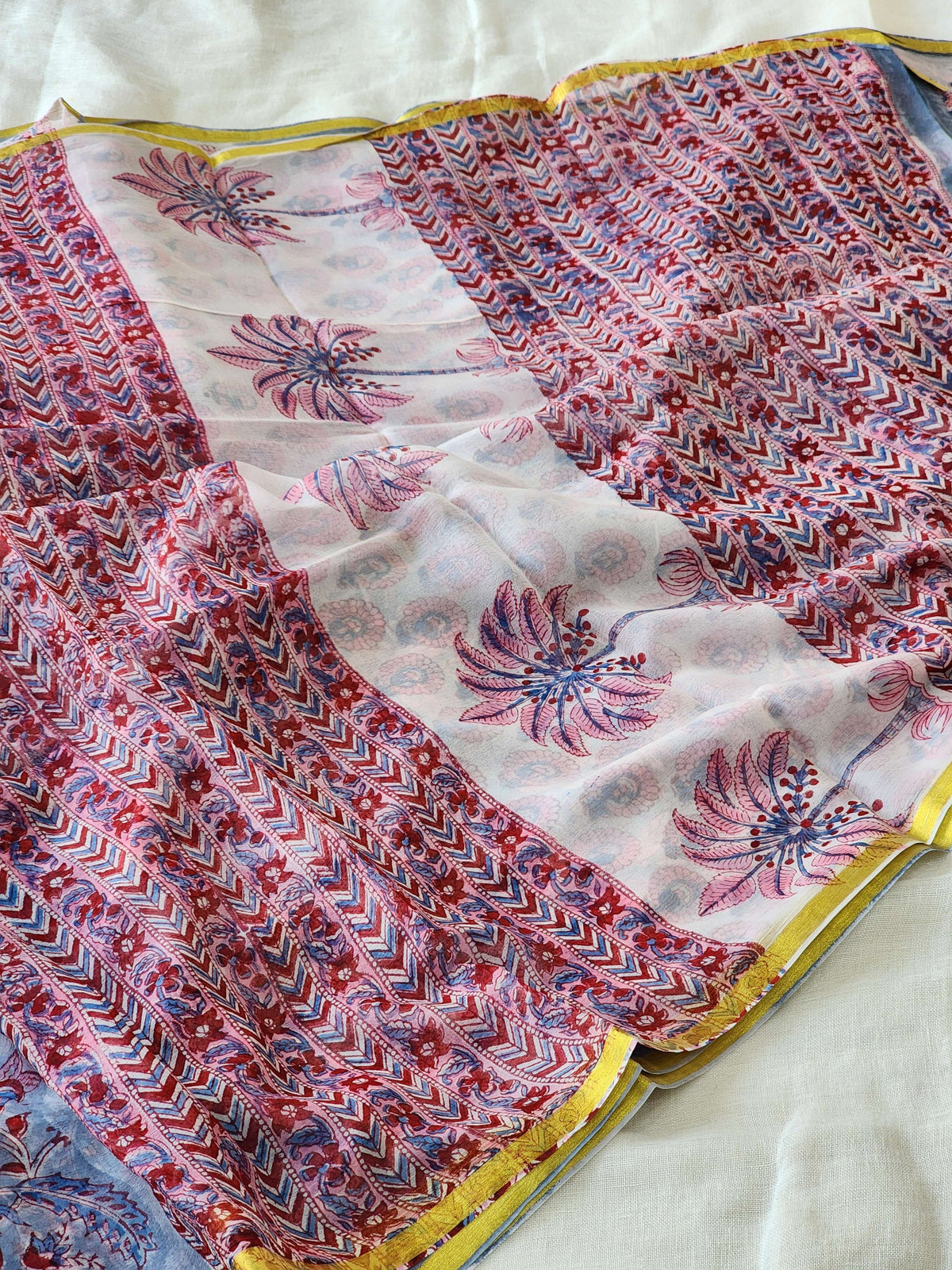 Blue Chiffon Handblock Saree