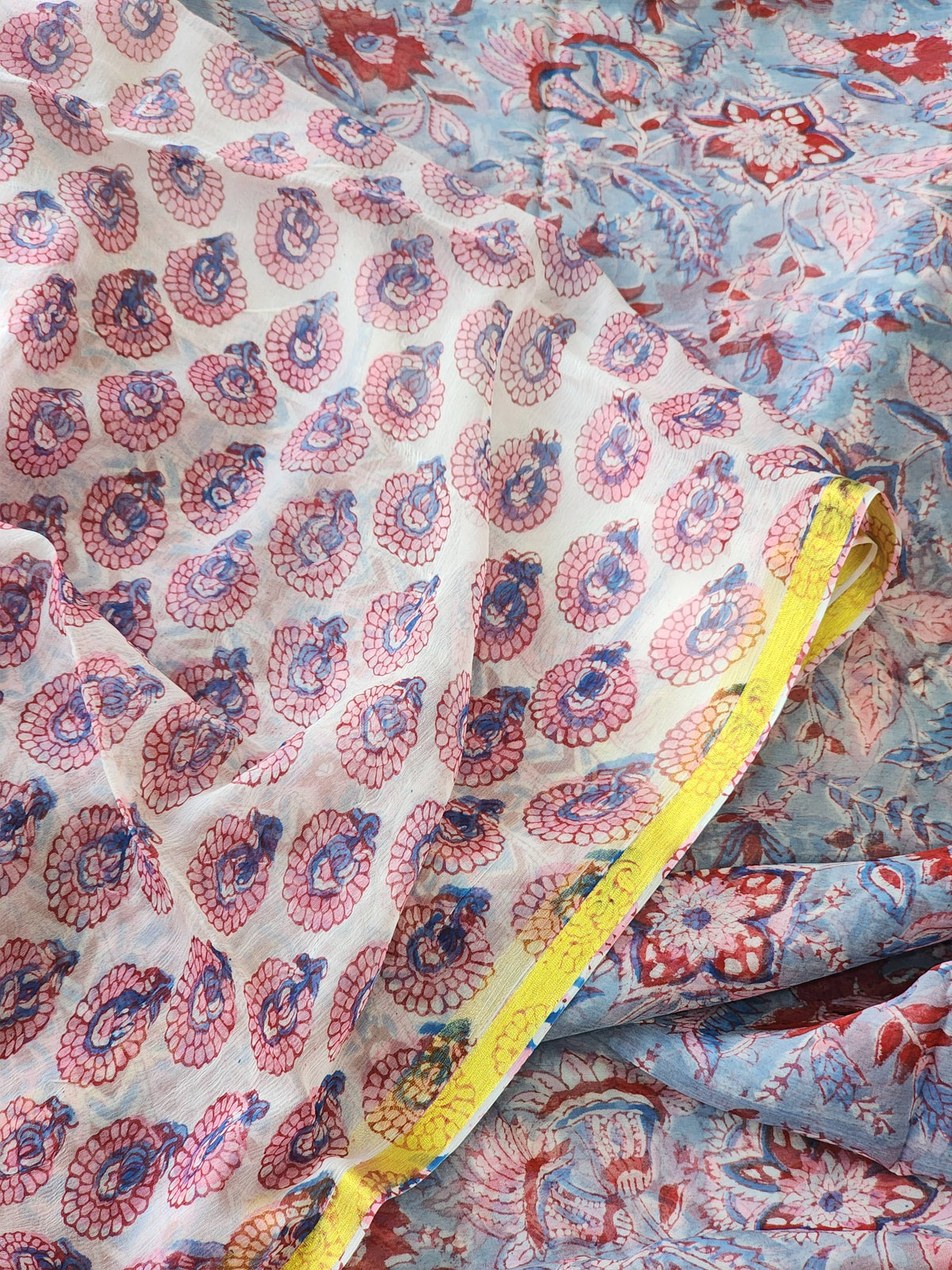 Blue Chiffon Handblock Saree
