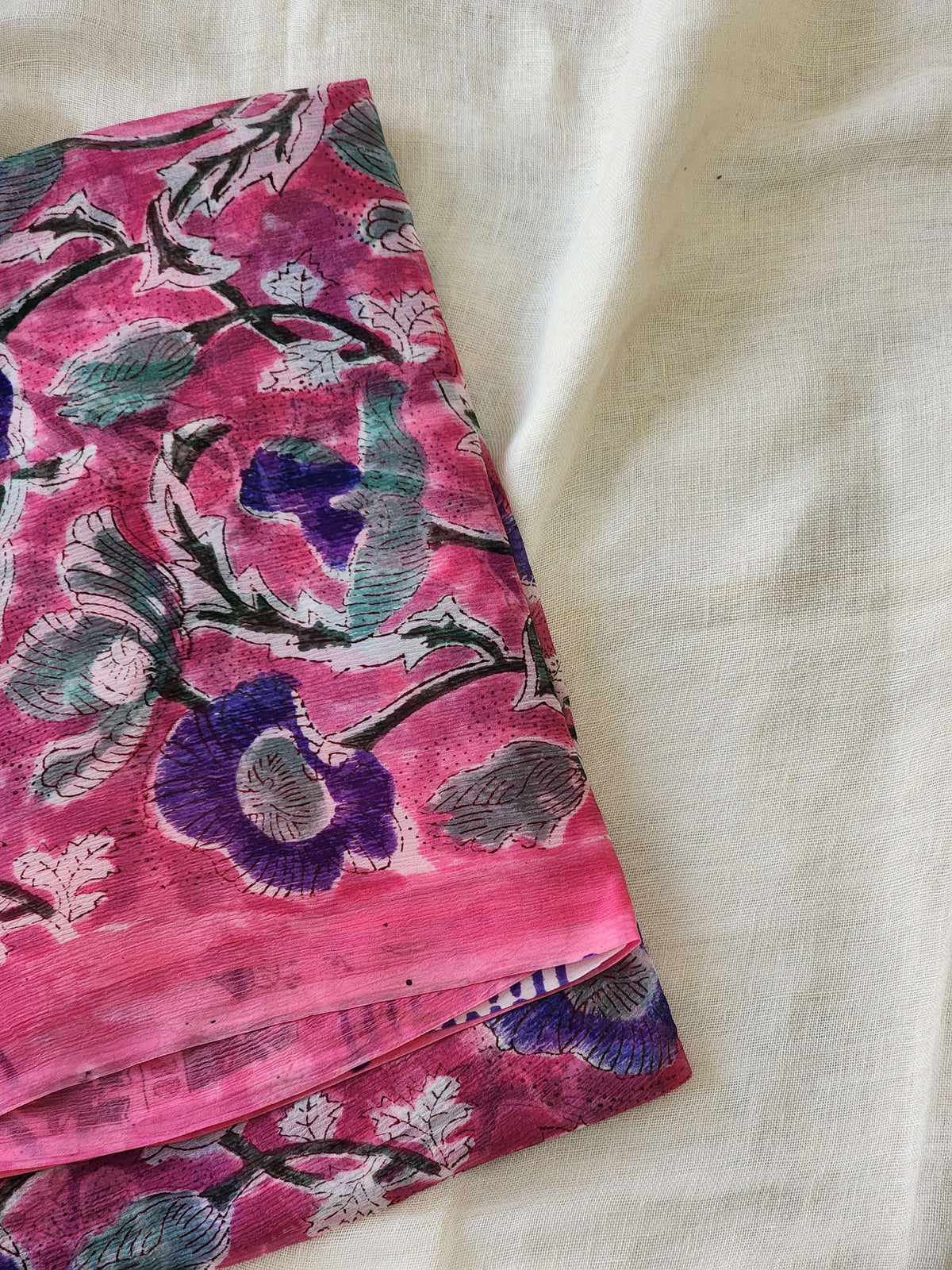 Pink Chiffon Handblock Saree