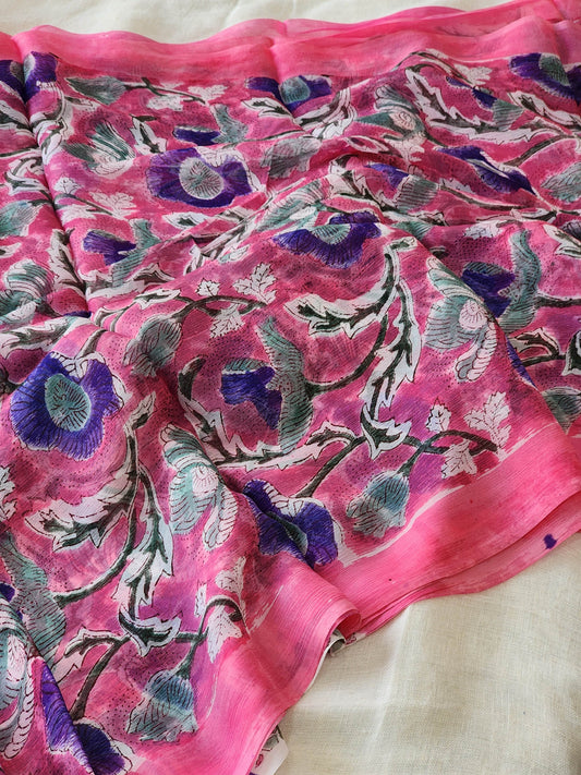 Pink Chiffon Handblock Saree