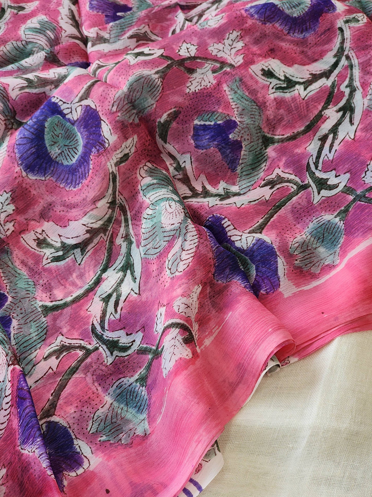 Pink Chiffon Handblock Saree