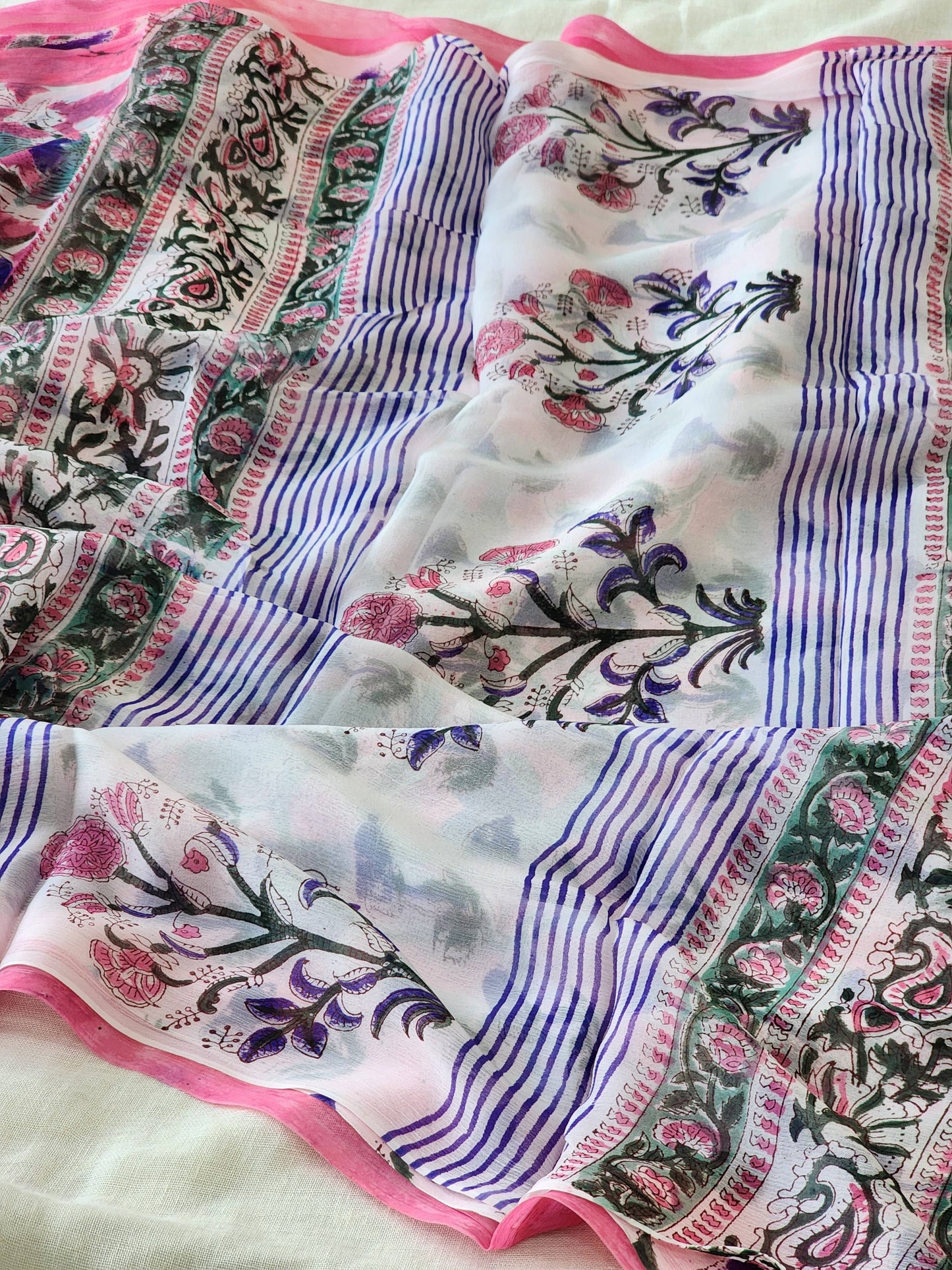 Pink Chiffon Handblock Saree