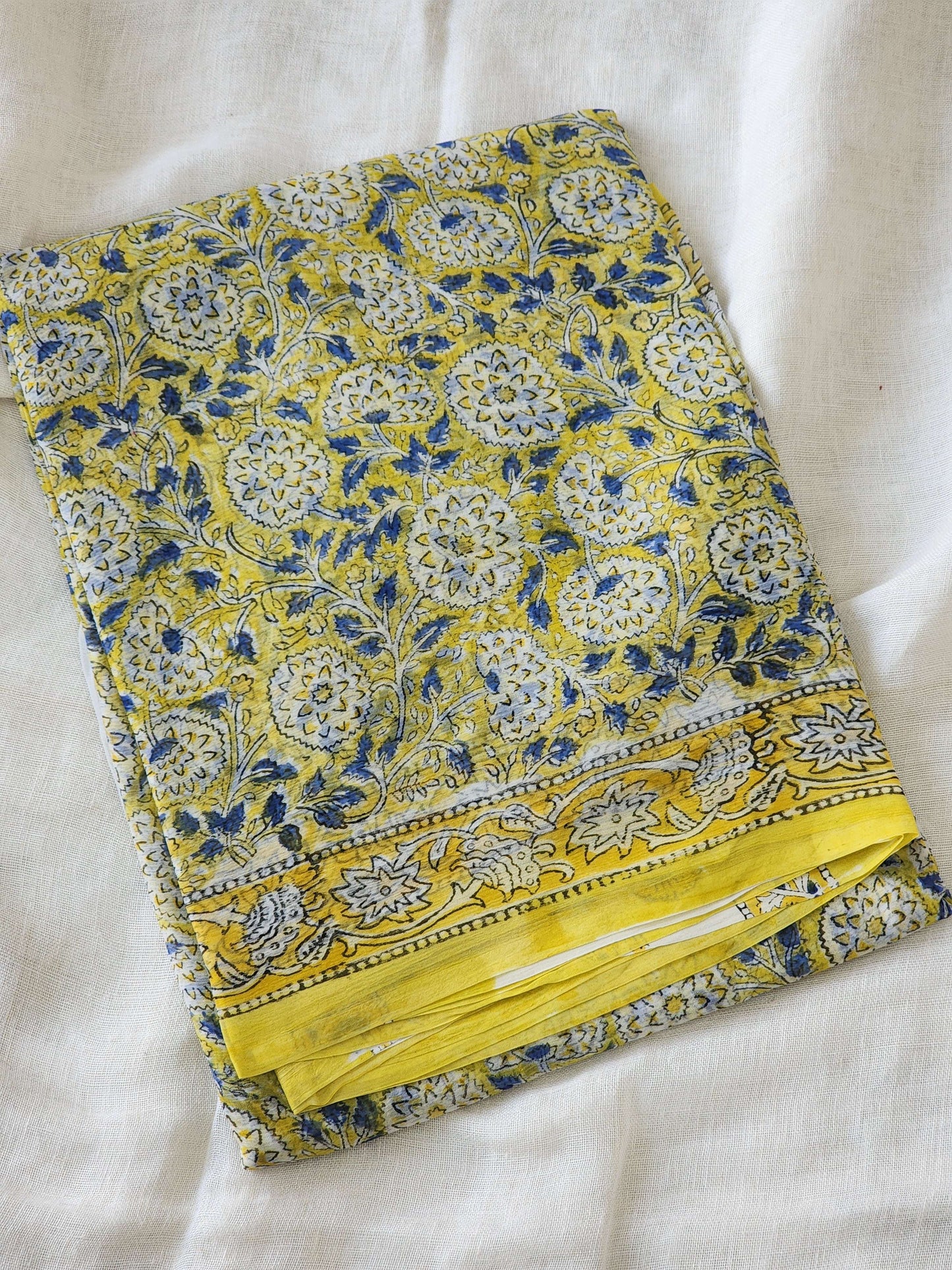 Lime Yellow Chiffon Handblock Saree