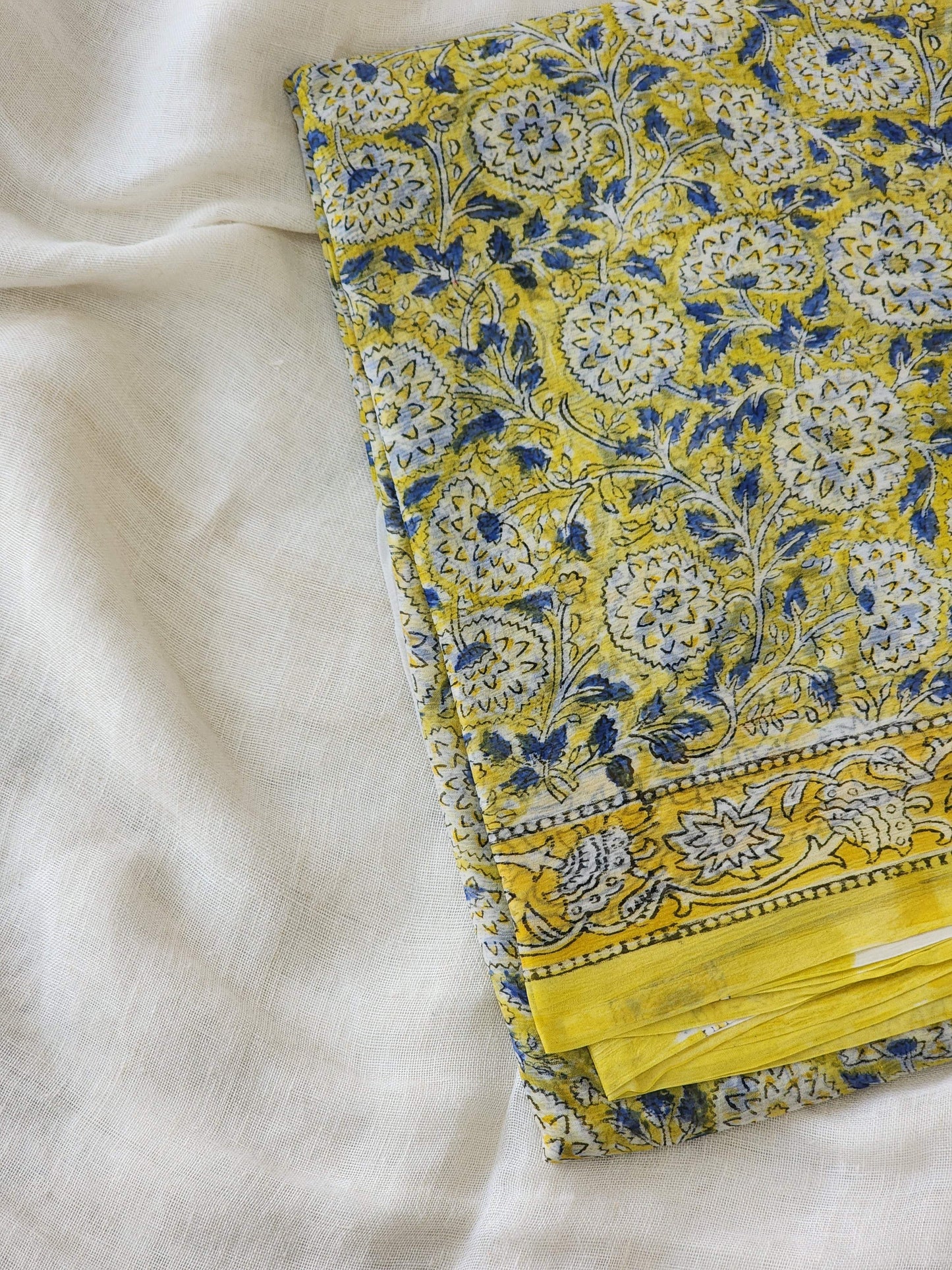 Lime Yellow Chiffon Handblock Saree