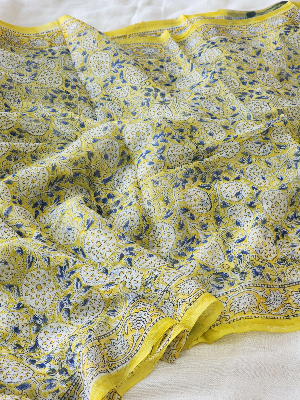 Lime Yellow Chiffon Handblock Saree