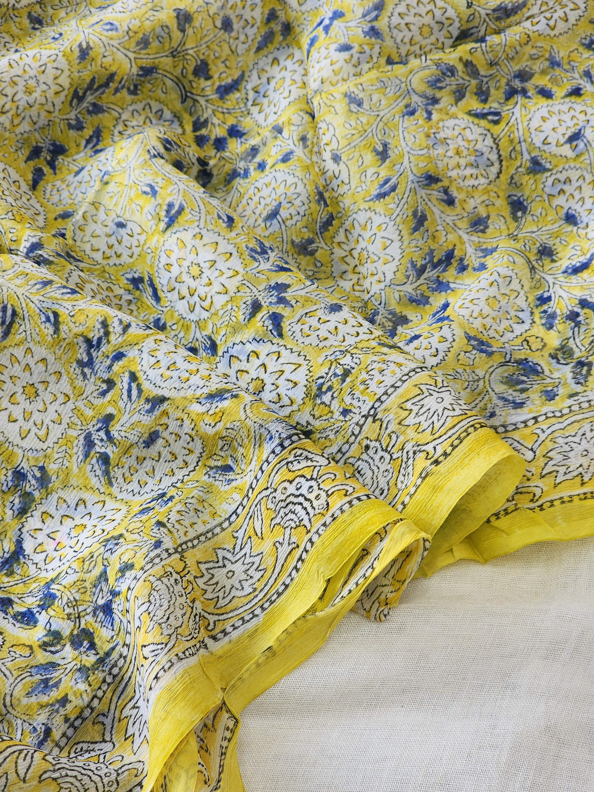 Lime Yellow Chiffon Handblock Saree