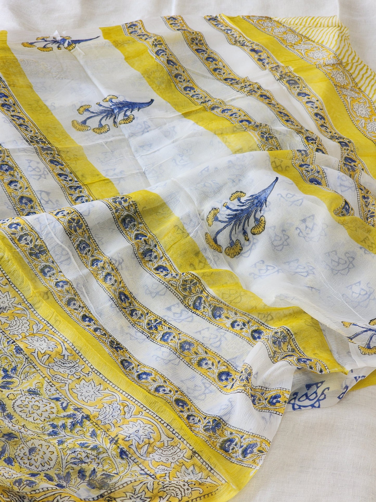 Lime Yellow Chiffon Handblock Saree