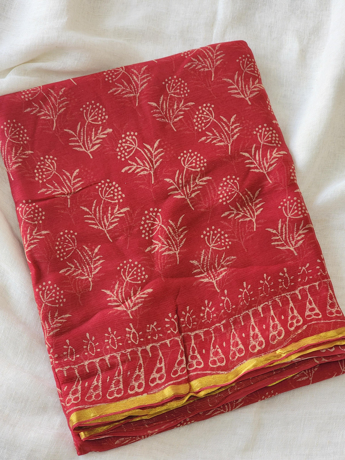 Light Red Chiffon Handblock Saree