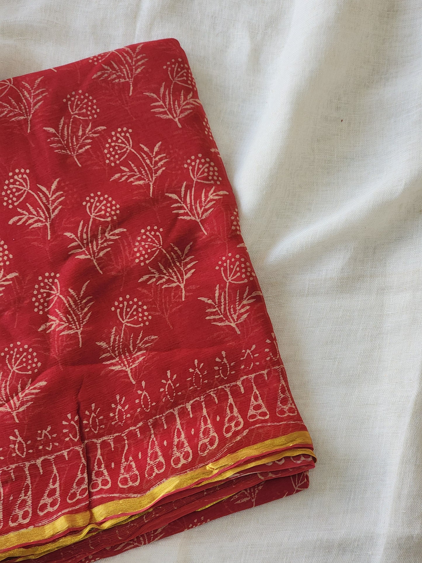 Light Red Chiffon Handblock Saree