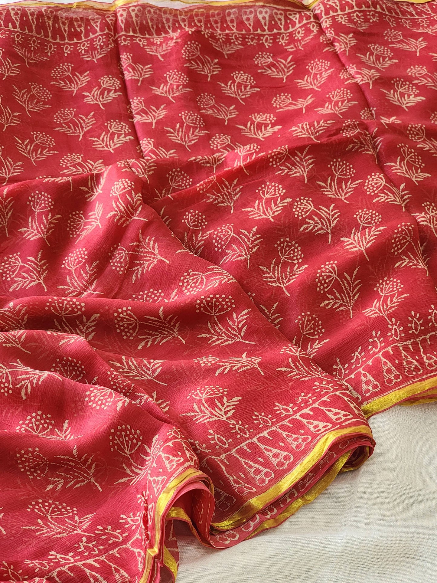 Light Red Chiffon Handblock Saree