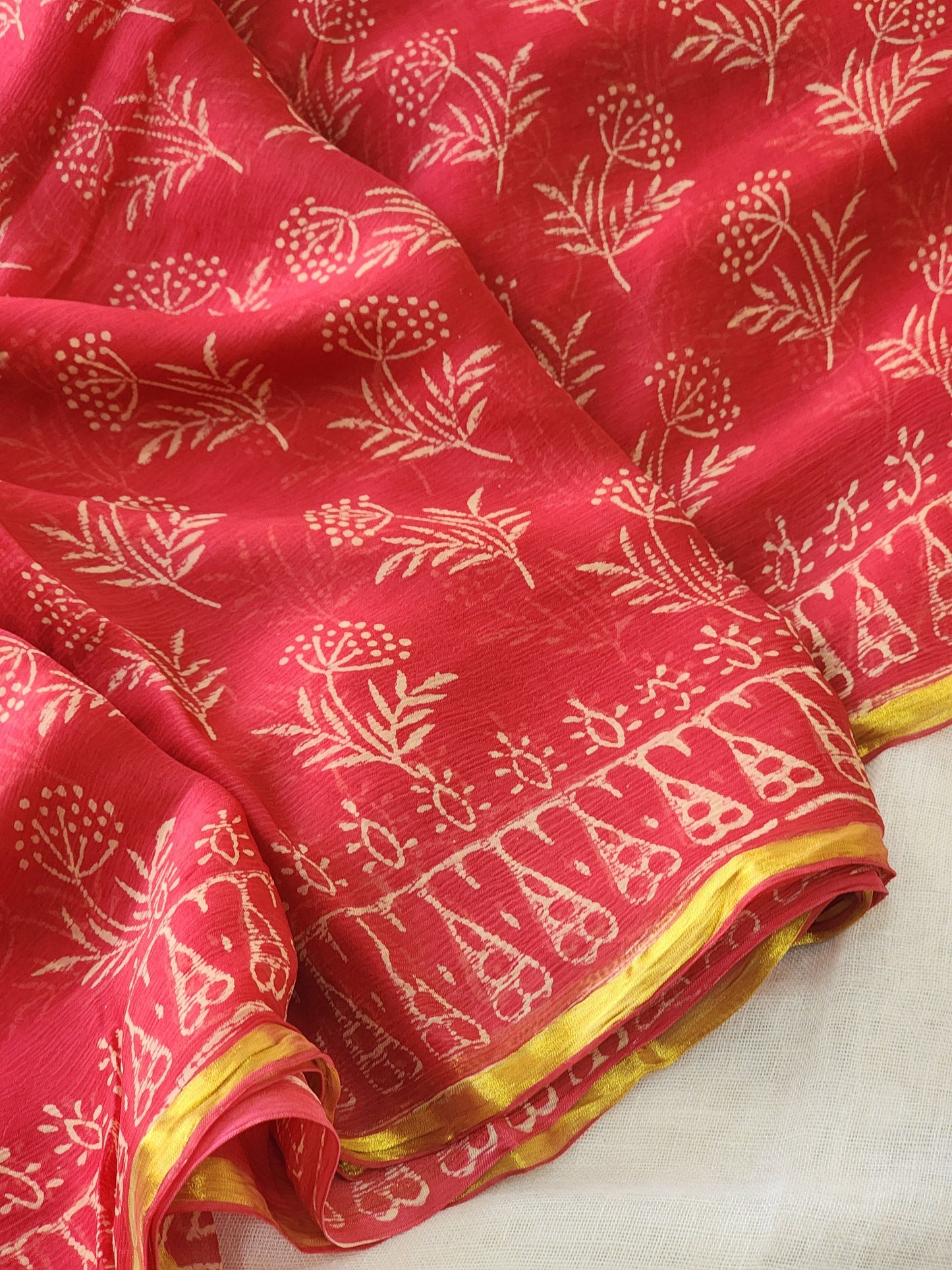 Light Red Chiffon Handblock Saree