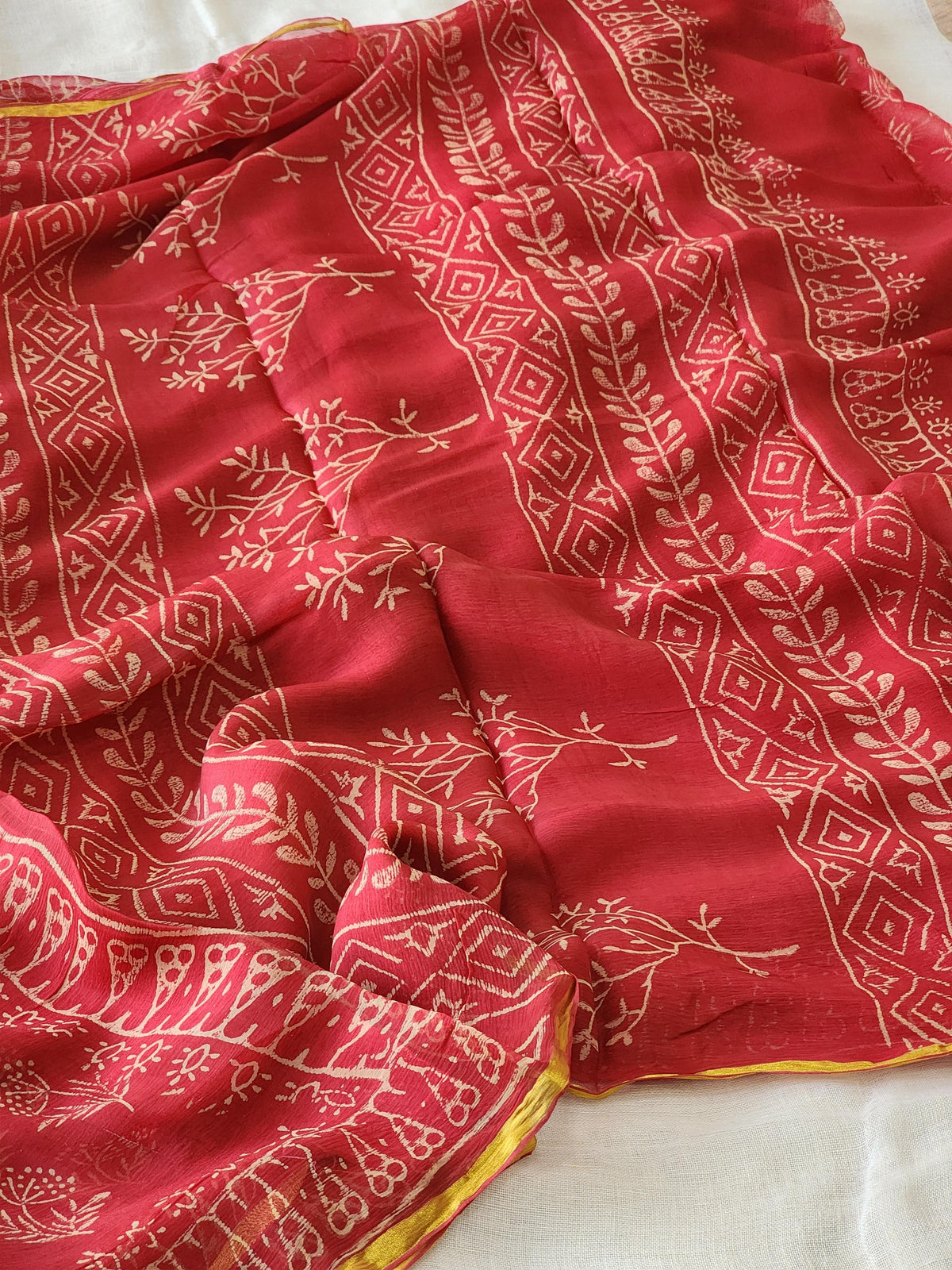 Light Red Chiffon Handblock Saree