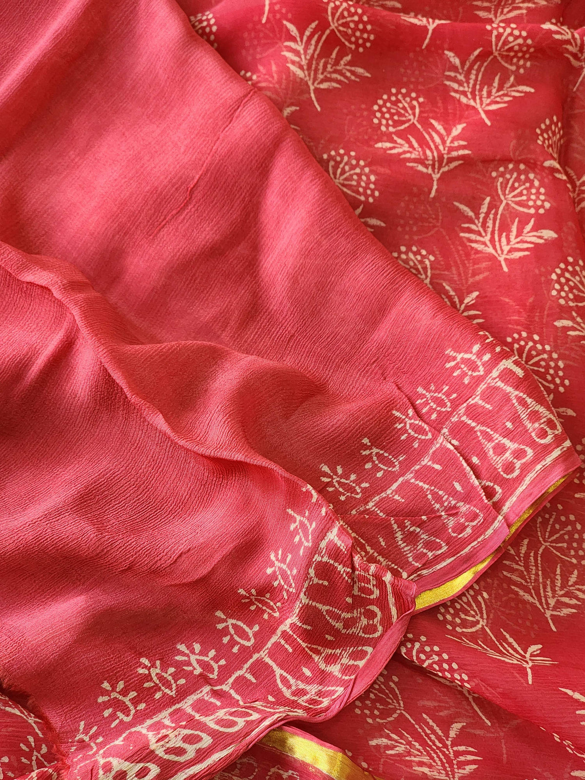 Light Red Chiffon Handblock Saree