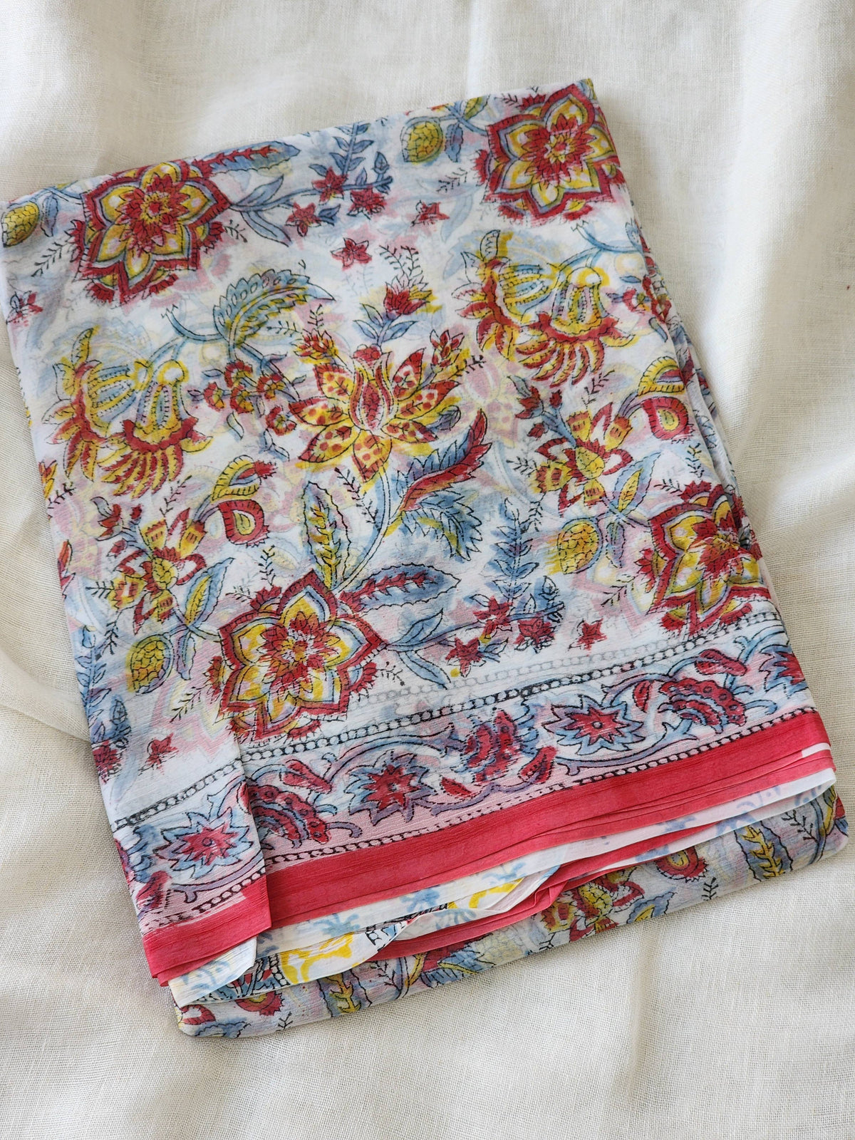 White Chiffon Handblock Saree