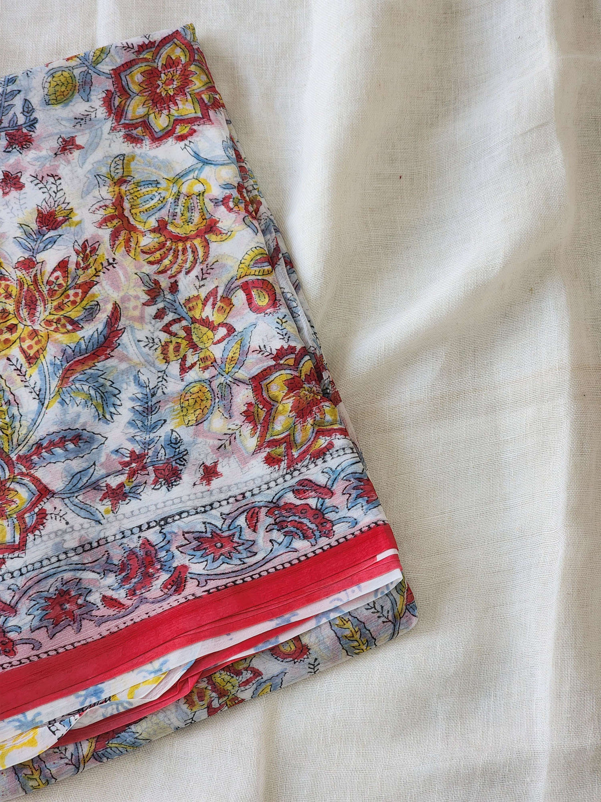 White Chiffon Handblock Saree
