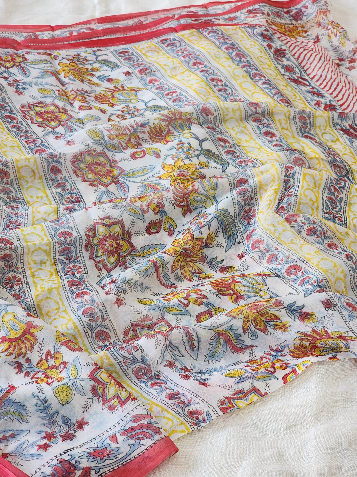 White Chiffon Handblock Saree