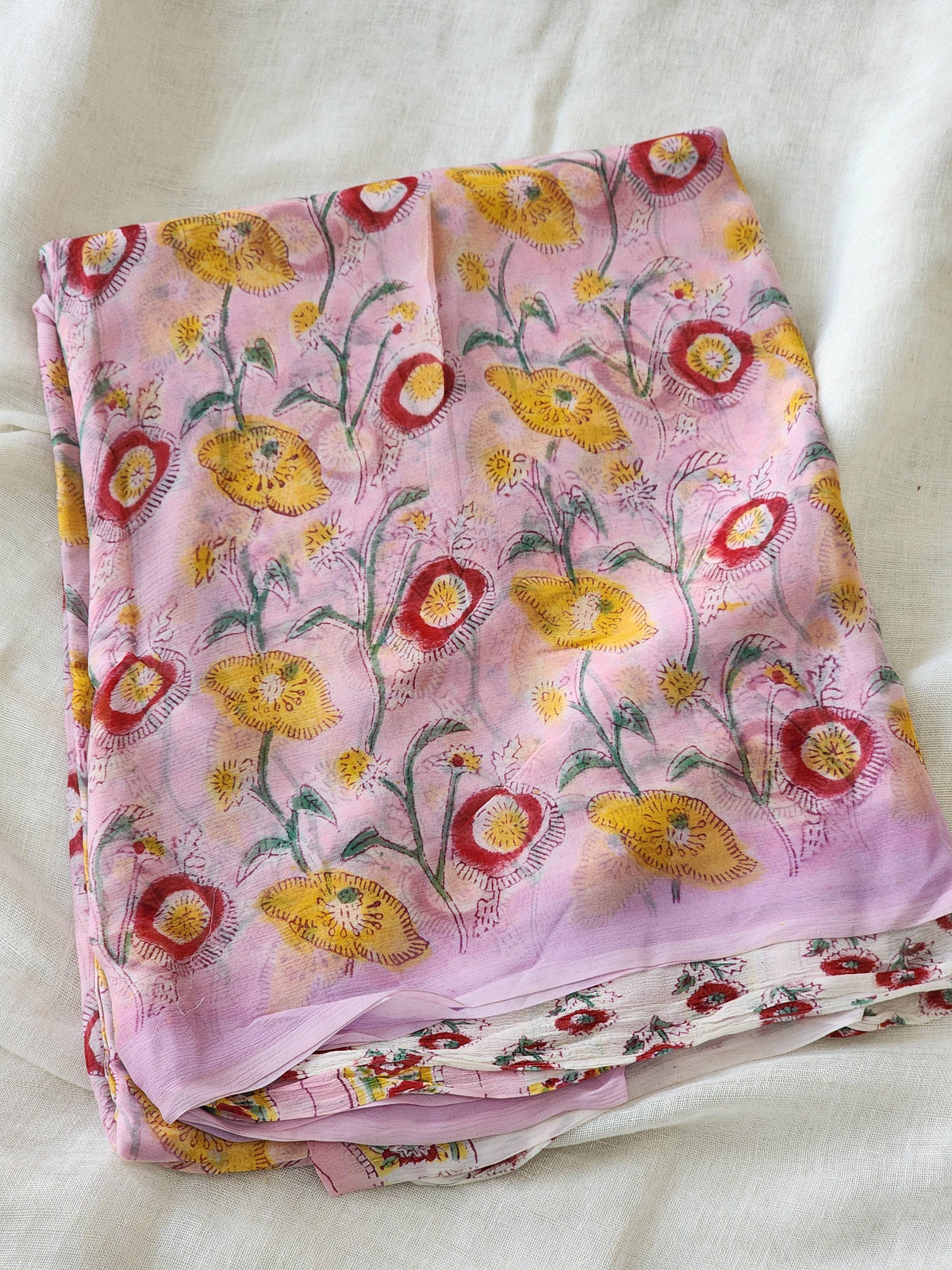 Pink Chiffon Handblock Saree