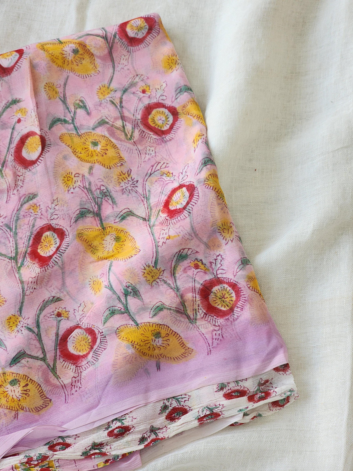 Pink Chiffon Handblock Saree