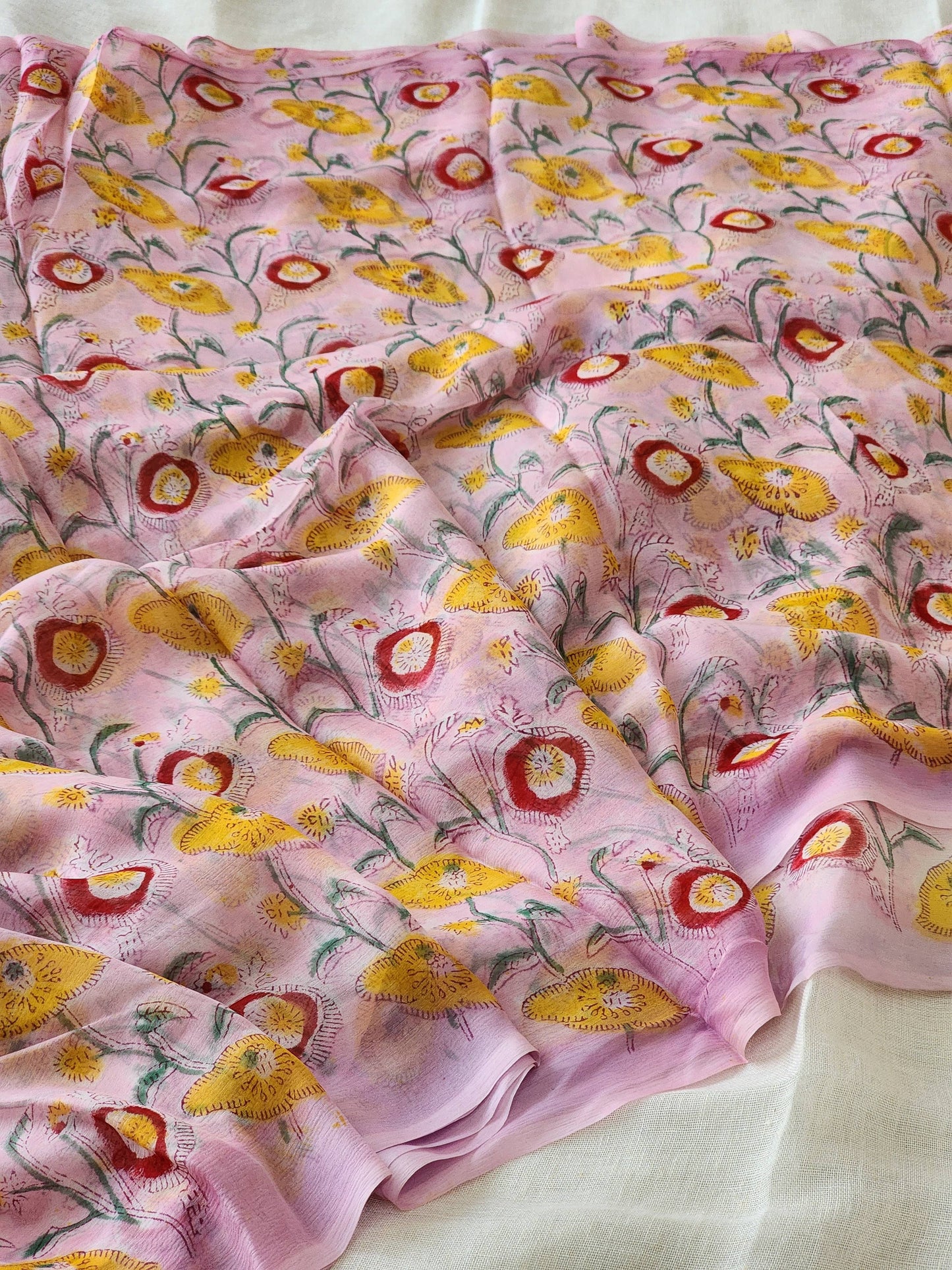 Pink Chiffon Handblock Saree