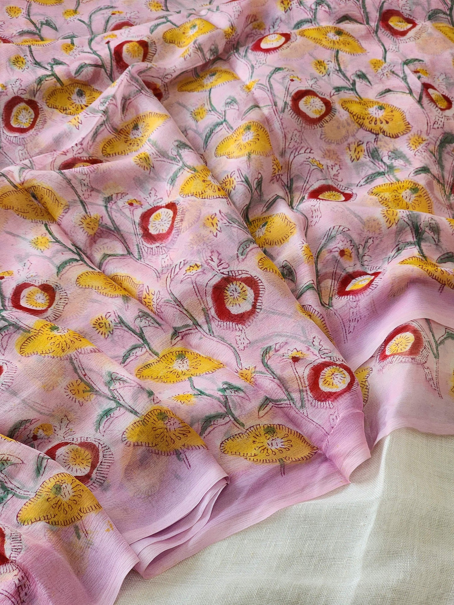 Pink Chiffon Handblock Saree