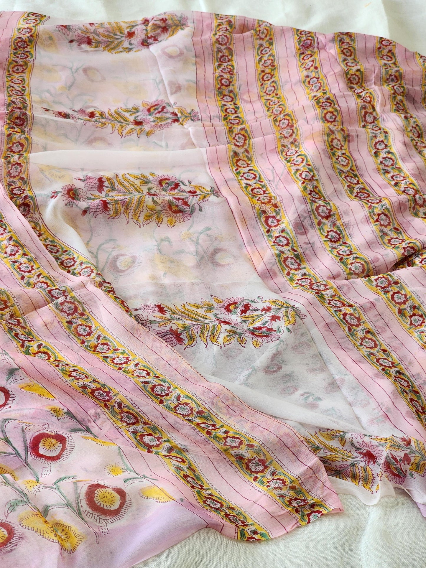 Pink Chiffon Handblock Saree