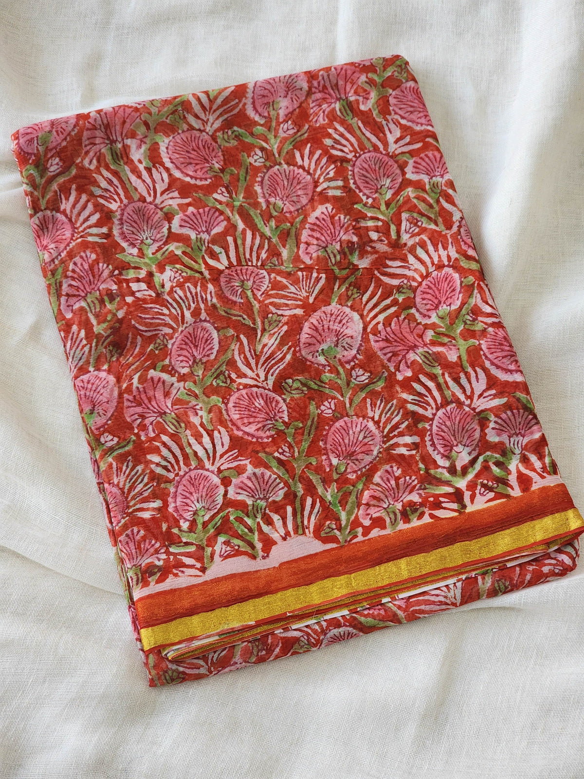 Orange Red Chiffon Handblock Saree