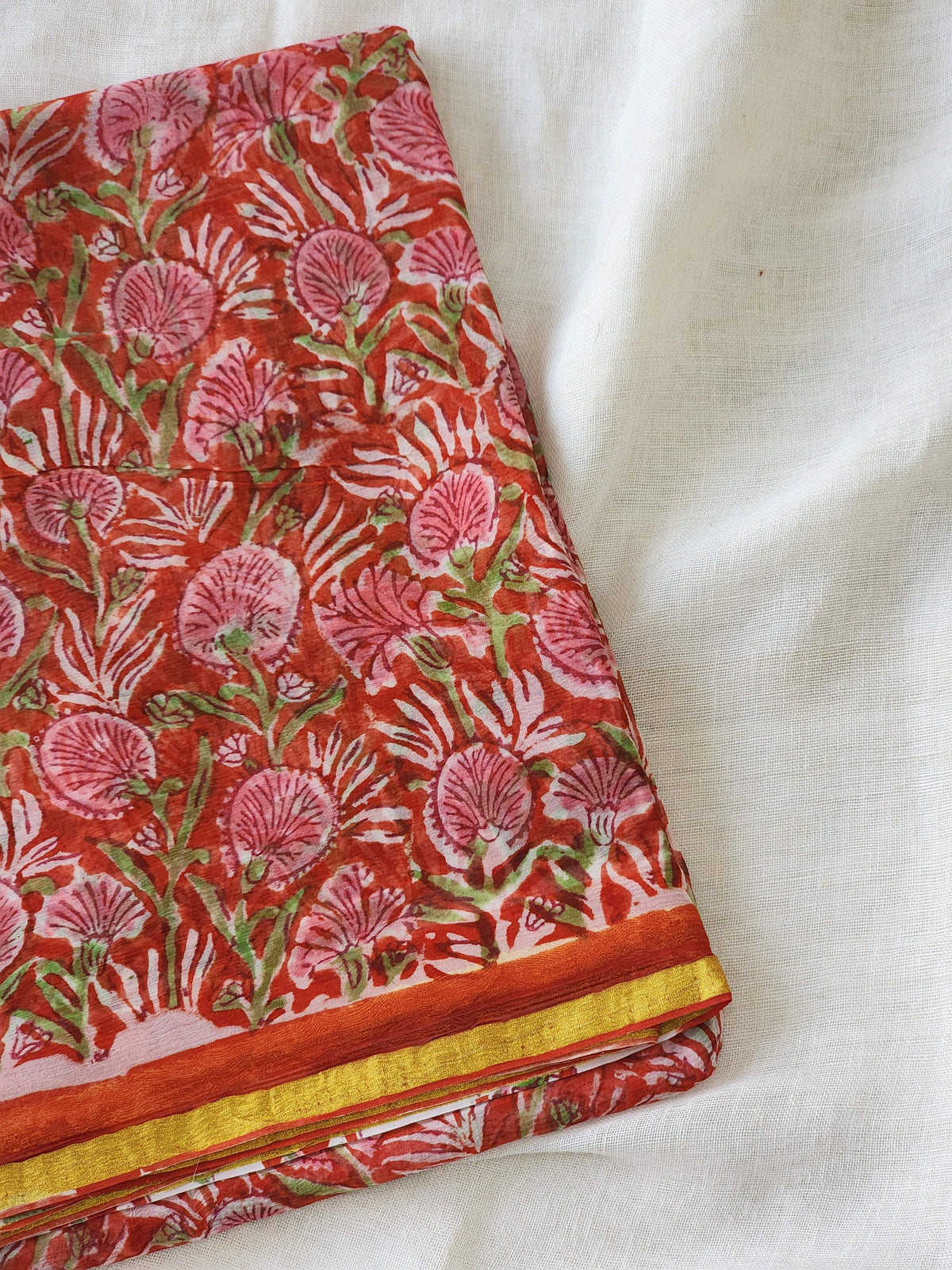 Orange Red Chiffon Handblock Saree