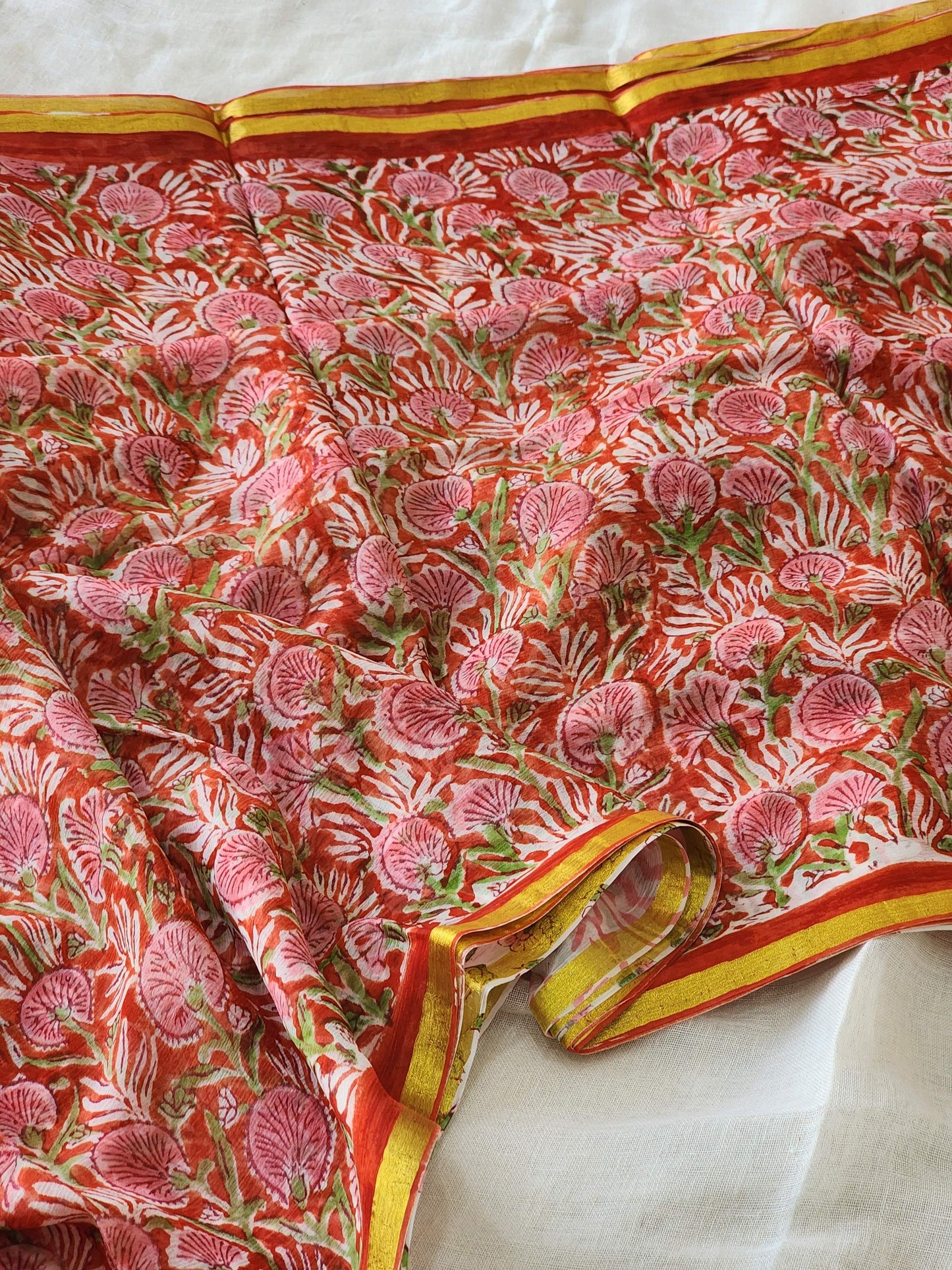Orange Red Chiffon Handblock Saree