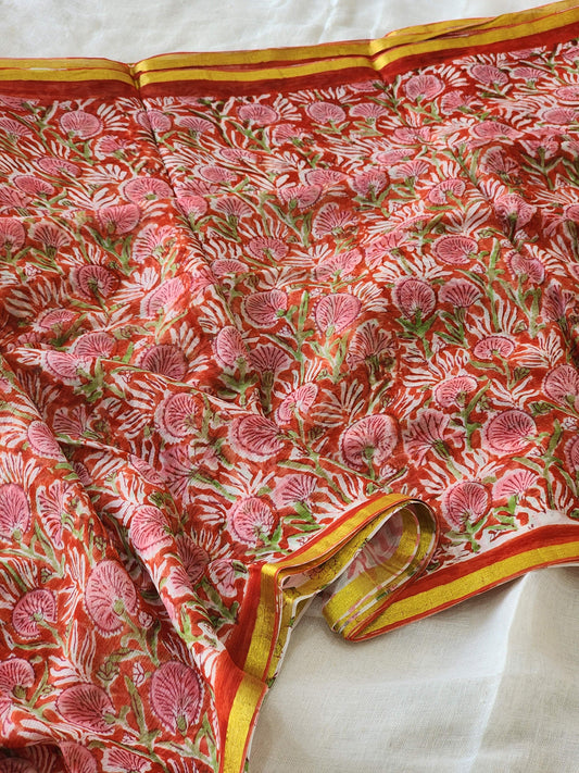 Orange Red Chiffon Handblock Saree