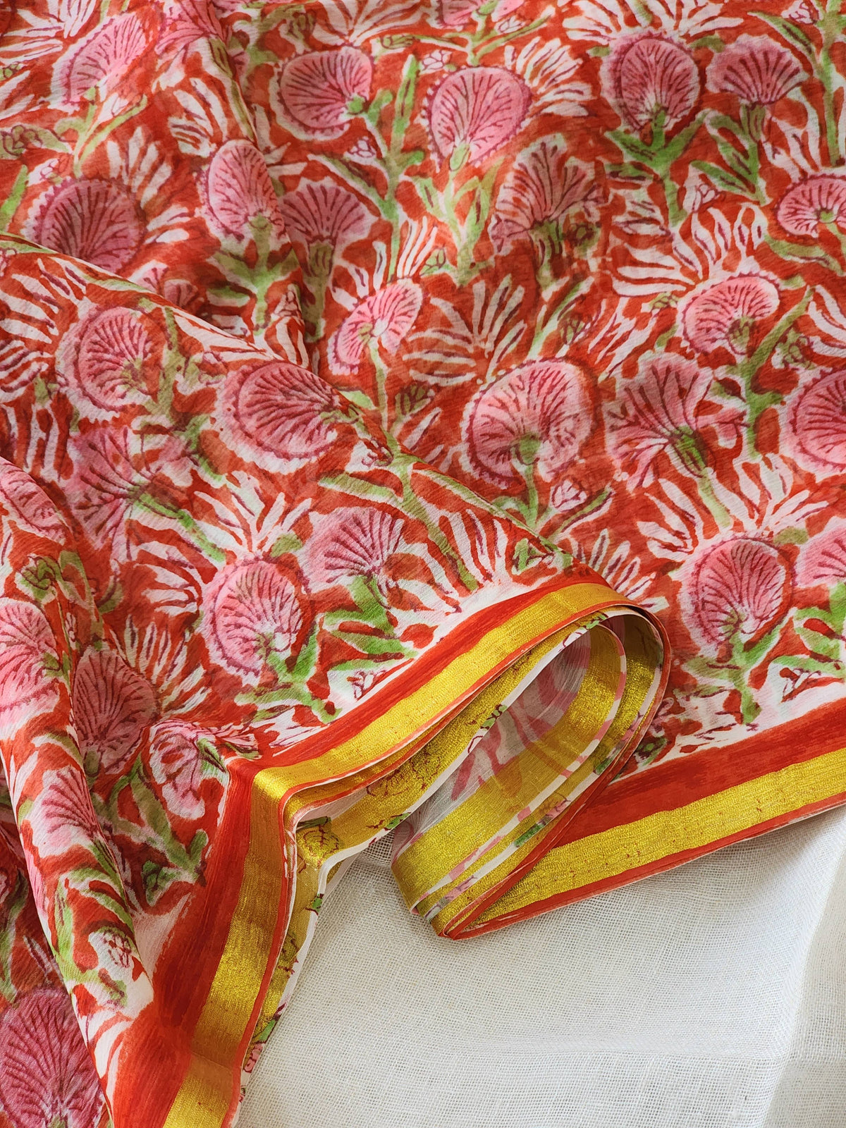 Orange Red Chiffon Handblock Saree