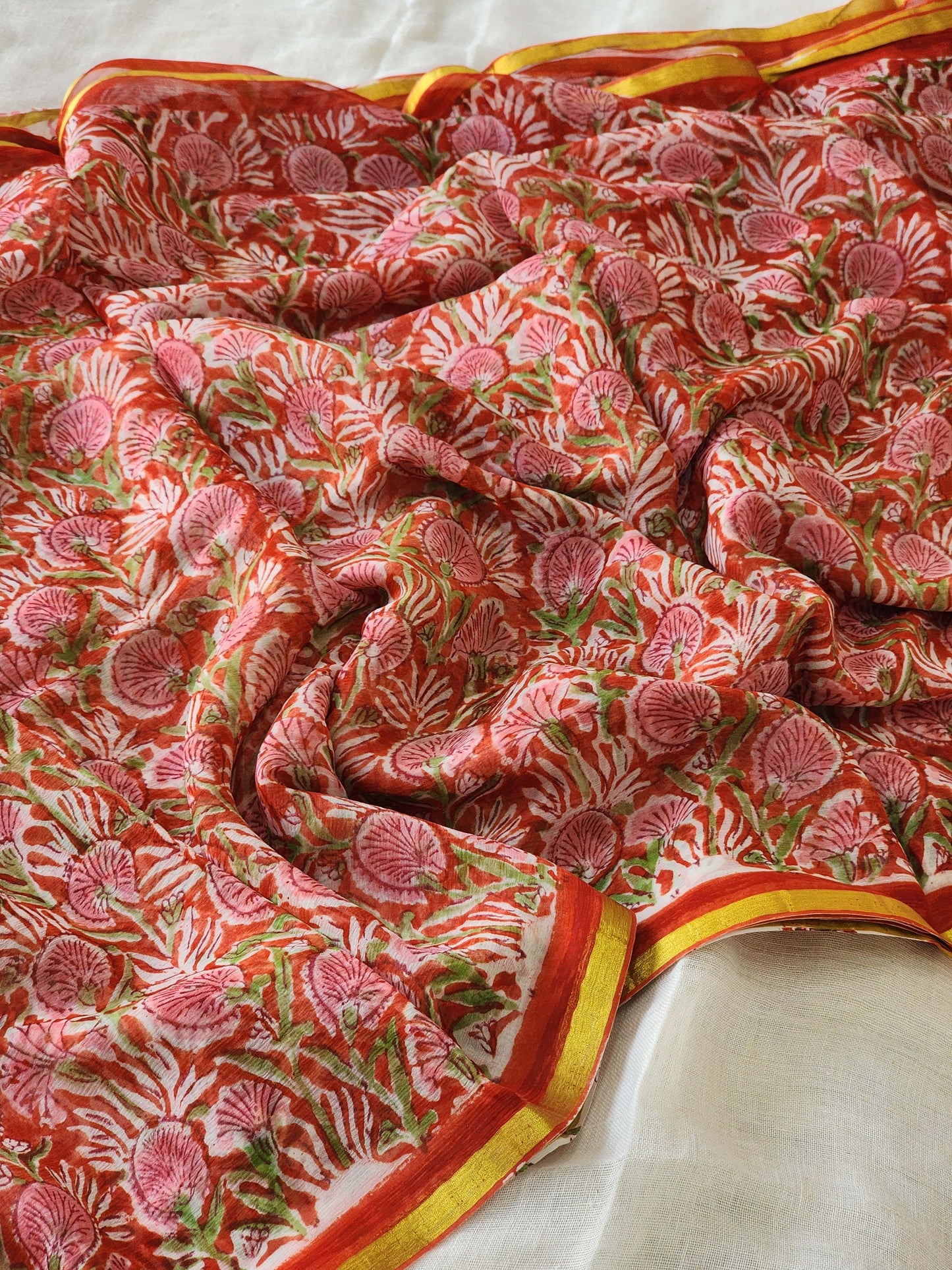 Orange Red Chiffon Handblock Saree