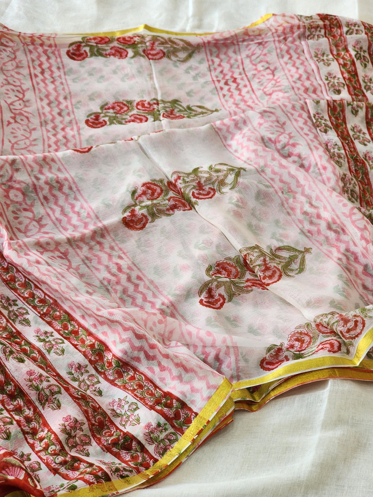 Orange Red Chiffon Handblock Saree